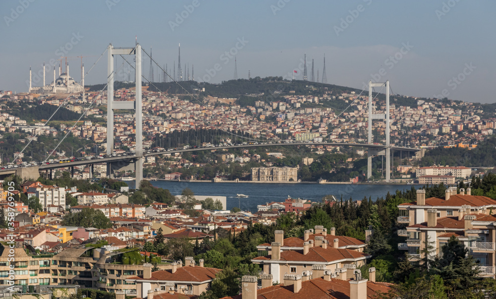 Istanbul, Turkey - completed in 1973 and one of the main landmarks in Istanbul, the 15 July Martyrs Bridge connects Europe and Asia. Here in particular the suspension bridge structure