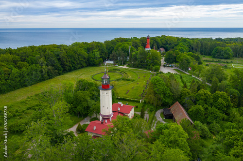 Aerial view of lighthouse in the small village of Rozewie on the Polish seashore of the Baltic Sea. Poland. Europe. photo