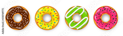 Donut with cream. Cookie cake. Sweet dessert with sugar and caramel. Cafeteria food, snack. Coffee shop.Vector illustration.