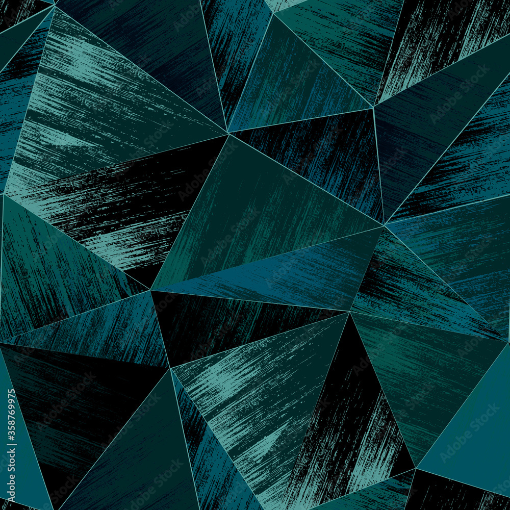 Seamless Grange polygon pattern. Blue triangles on a black background. - obrazy, fototapety, plakaty 