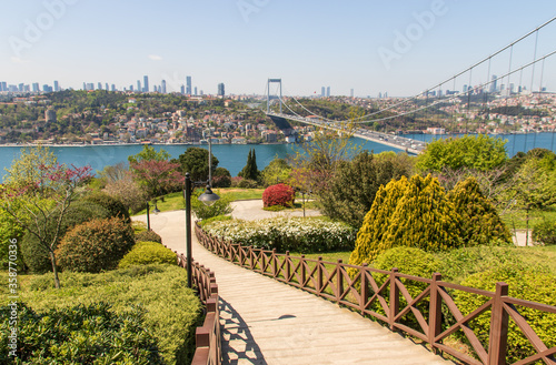 Istanbul, Turkey - completed in 1988 and one of the main landmarks in Istanbul, the Fatih Sultan Mehmet Bridge connects Europe and Asia. Here in particular the bridge seen from Fatih Korusu park