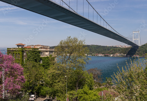 Istanbul, Turkey - completed in 1988 and one of the main landmarks in Istanbul, the Fatih Sultan Mehmet Bridge connects Europe and Asia. Here in particular the suspension bridge structure