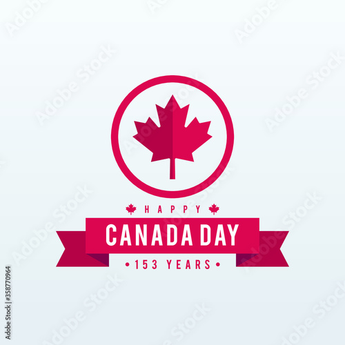 Happy Canada day 153 years modern and creative banner, sign, design concept, greeting card, with red text and a red Canadian maple leaf on a light background. 