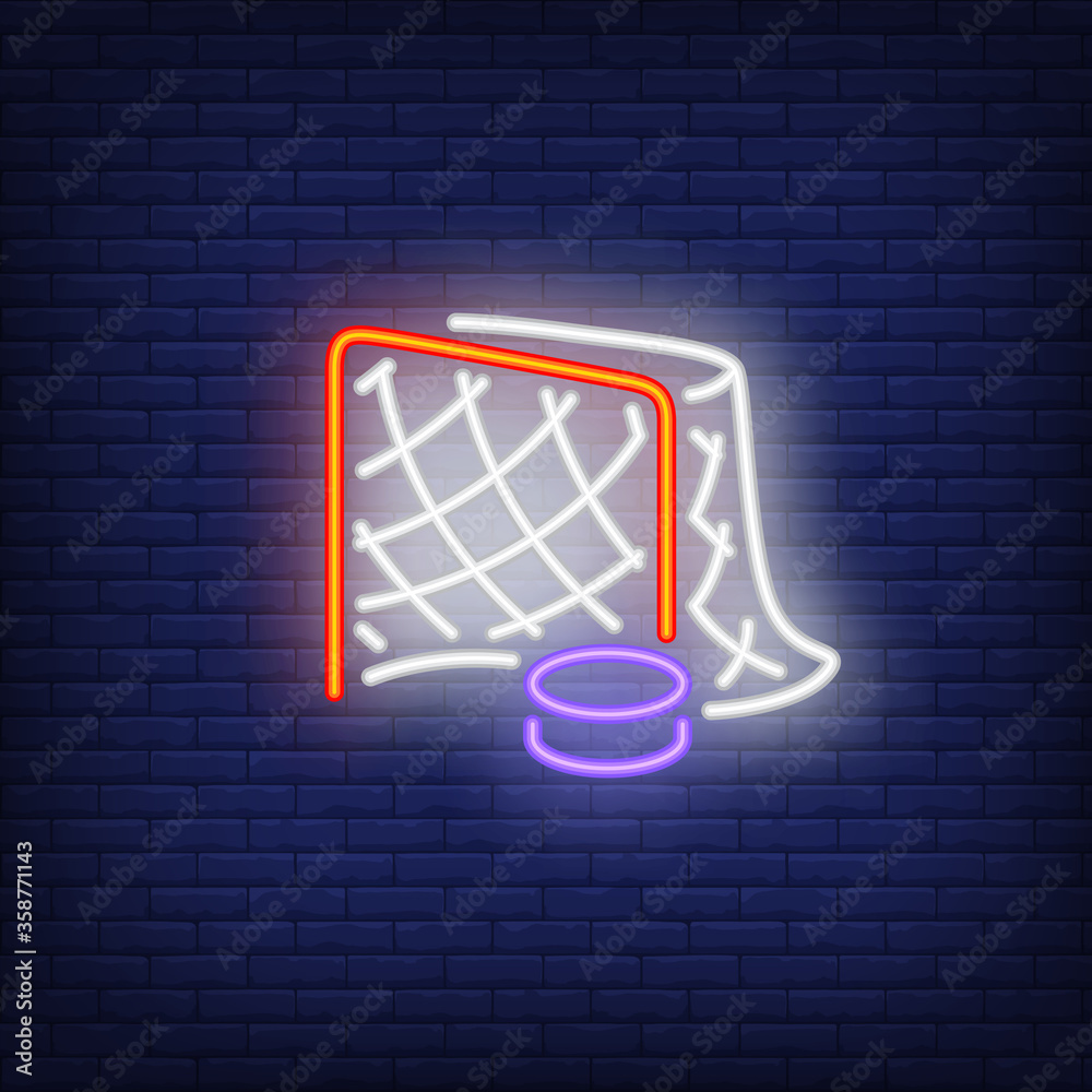 Ice hockey goal with puck neon sign. Hockey advertisement design. Night