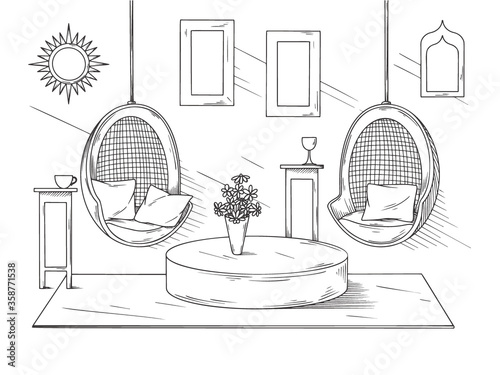Sketch a cozy living room in boho style. Suspended chairs and various decorative elements. Vector illustration