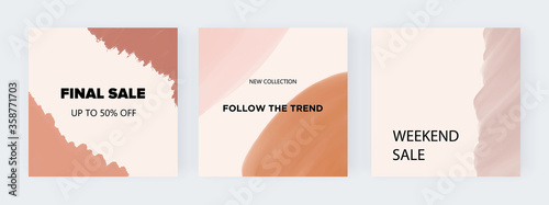 Social media square banners with nude abstract freehand brush stroke watercolor shapes

