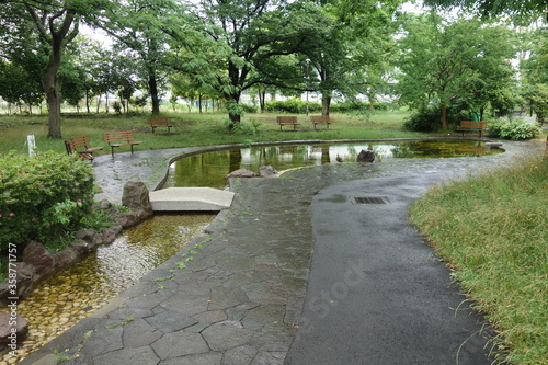 雨の日の公園の川