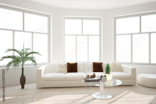modern room with sofa,pillows,bench,table,clock,book and white background in windows interior design. 3D illustration
