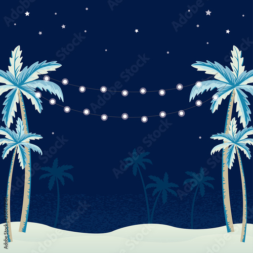 Palm trees and hanging decorative lights for a beach party