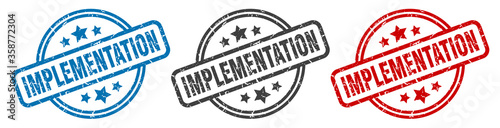 implementation stamp. implementation round isolated sign. implementation label set