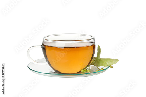 Cup of linden tea isolated on white background