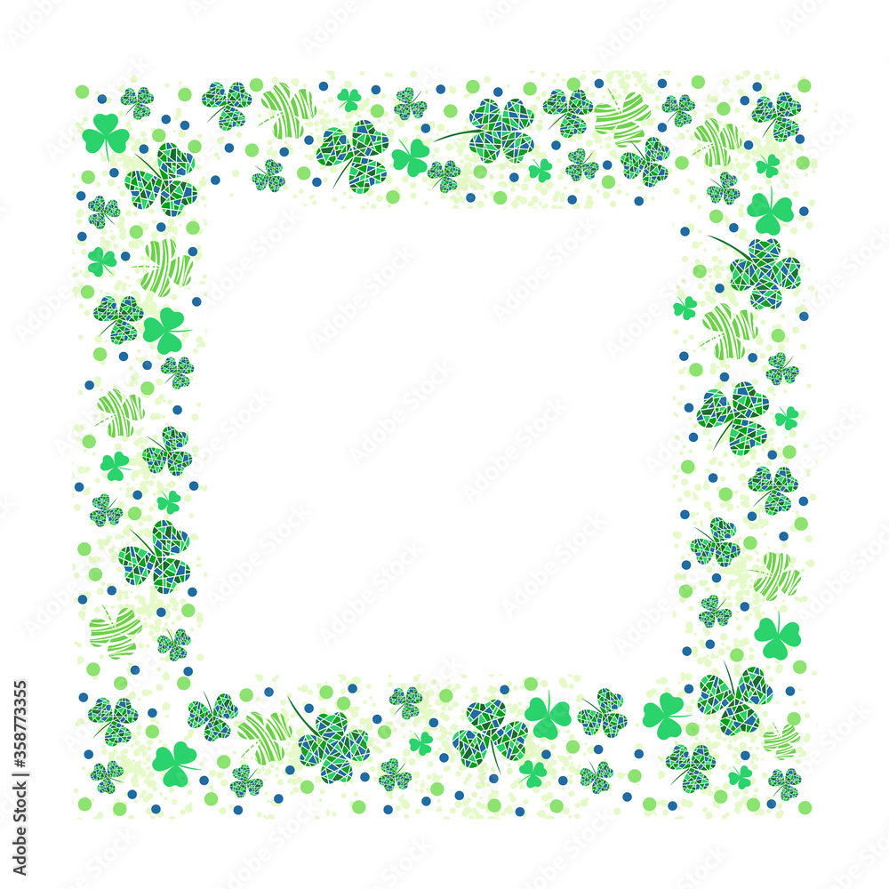 Square frame template with clover leaves and textures. Design with place for text. White background. Vector illustration