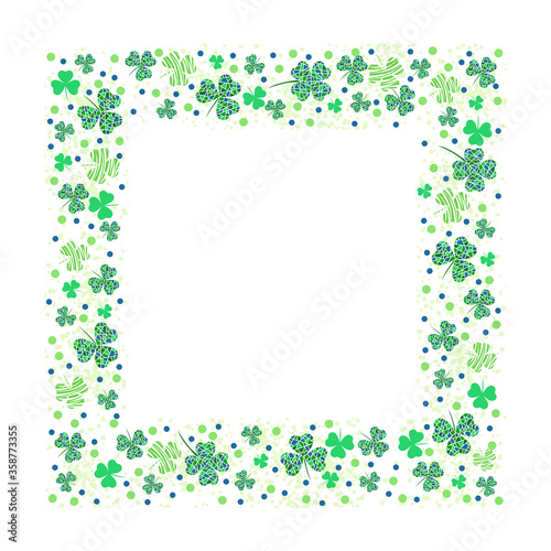 Square frame template with clover leaves and textures. Design with place for text. White background. Vector illustration