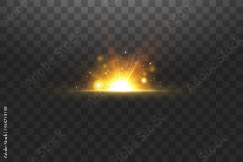 Shining golden stars isolated on black background. Effects, glare, lines, glitter, explosion, golden light. Vector illustration.