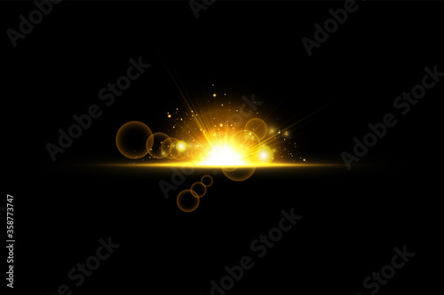 Shining golden stars isolated on black background. Effects, glare, lines, glitter, explosion, golden light. Vector illustration.