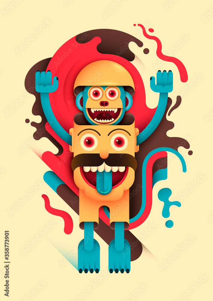Illustration with abstract style composition, made of bizarre human head and comic monkey. Vector illustration.