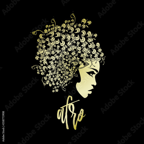 Beautiful Afro-American woman portrait.Flower wig and elegant makeup.Profile view face.Hair salon and beauty studio logo.Fashion icon.Gold colored.
