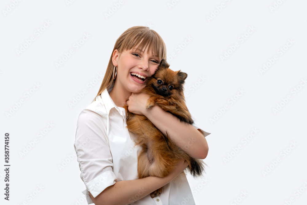 Happy child with dog. Portrait girl with pet., isolated.