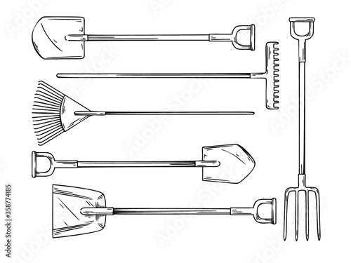 Set of different garden tools. Shovel, rake, pitchfork, spade isolated on a white background. Vector illustration