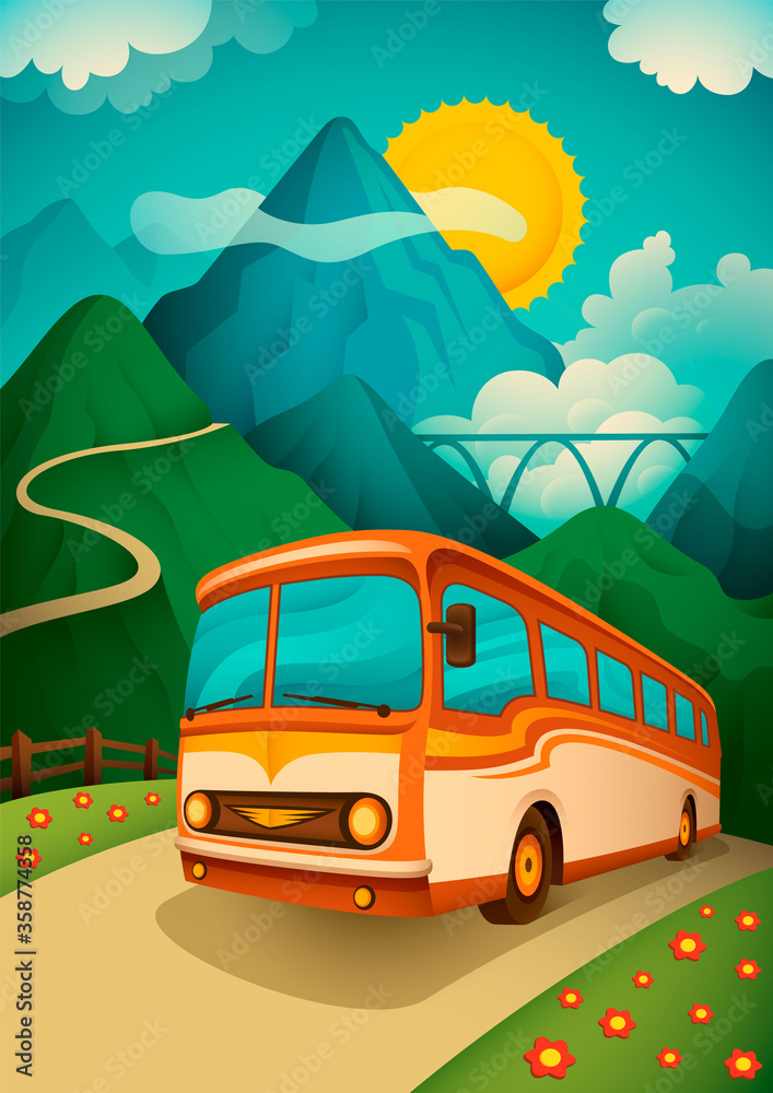 Retro illustration of a travel bus in the nature with mountain and sky. Vector illustration.
