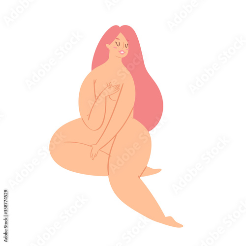 Attractive plus size woman. Body positive concept with beautiful overweight girl in different poses. Love yourself, acceptance feminism movement. Vector trendy illustration, print, poster, card