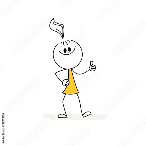 Doodle stick figure: girl making thumbs up. Vector.