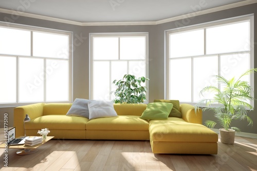 modern room with yellow sofa pillows plants and white background in windows interior design. 3D illustration