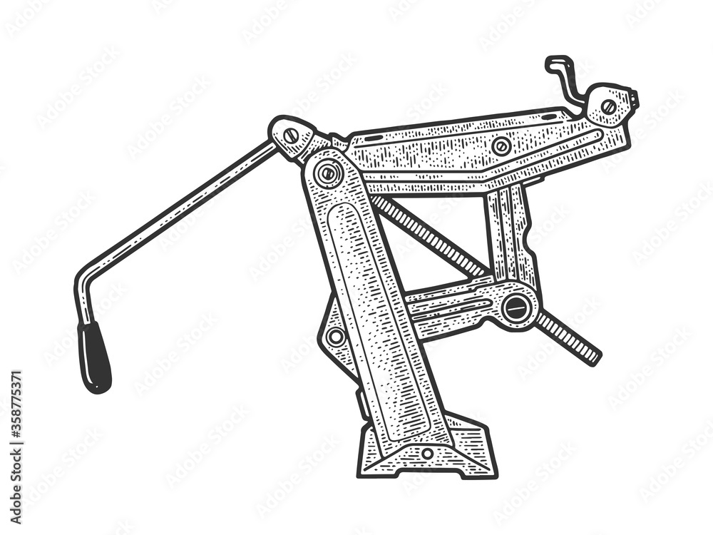 Obraz premium Jack lifting device sketch engraving vector illustration. T-shirt apparel print design. Scratch board imitation. Black and white hand drawn image.