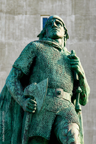 Statue in front of Hallgrimskirkja church,  a Lutheran parish church in Reykjavik, Iceland