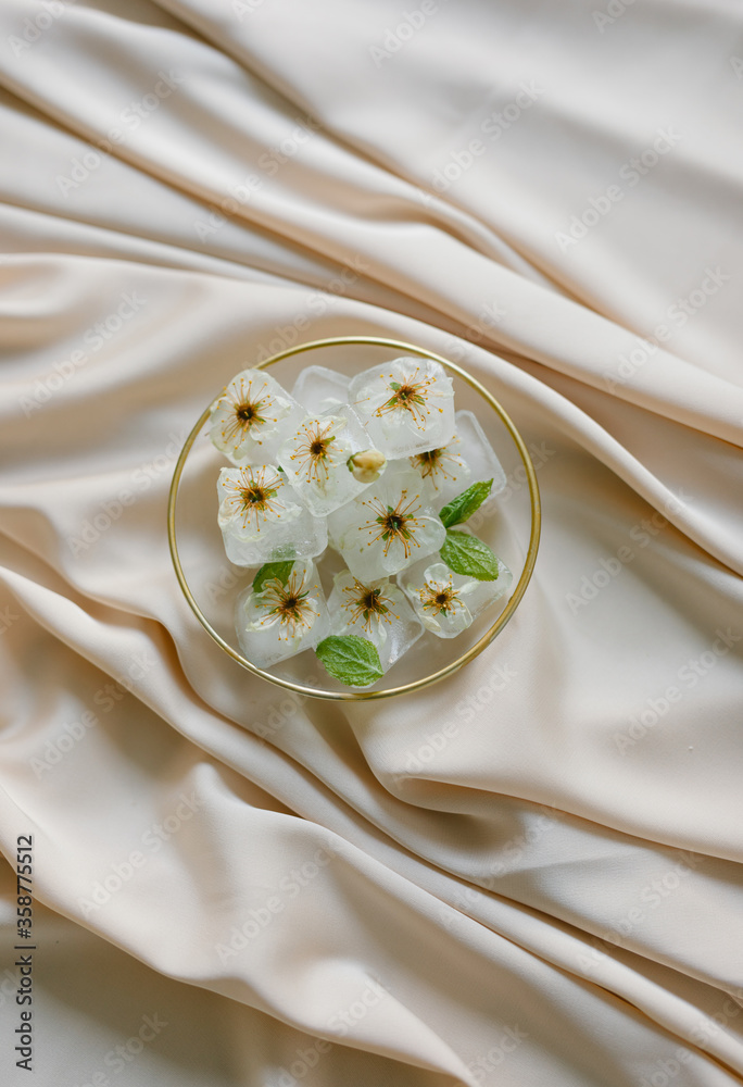 Ice cubes with flowers on silk. Fashion photography.
Ice cubes with flowers on silk. Fashion photography.