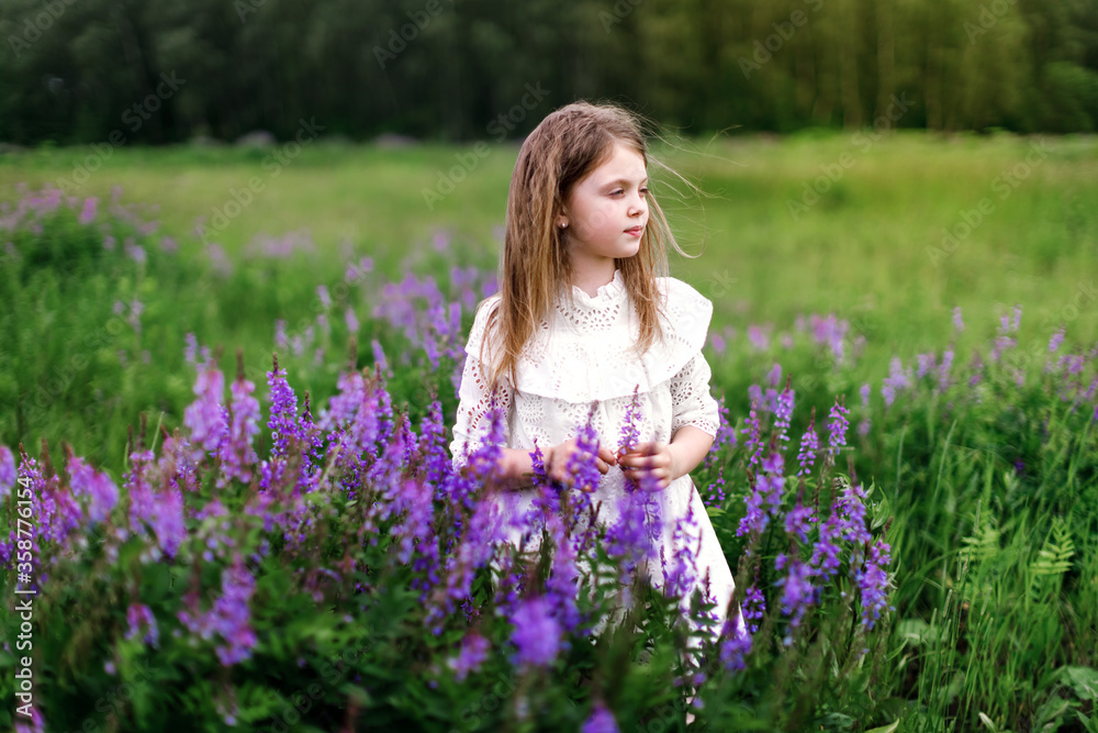 A little girl in a white dress with beautiful flowers in the field in summer. Concept of happy childhood. Copy space for text A little girl in a white dress with beautiful flowers in the field in summer. Concept of happy childhood. Copy space for text