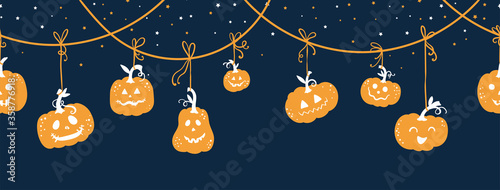 Fun hand drawn halloween horizontal pumpkin seamless pattern, cute pumpkins background, great for banners, wallpapers, textiles, cards - vector design