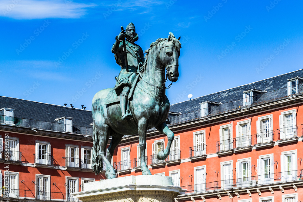 It's Bronze statue of King Philip III on the Plaza Mayor, Madrid, Spain. It's the Spanish Property of Cultural Interest It's Bronze statue of King Philip III on the Plaza Mayor, Madrid, Spain. It's the Spanish Property of Cultural Interest