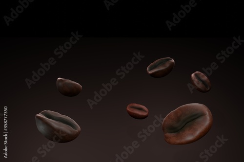 Close up of Coffee Beans on black dark background 3d rendering