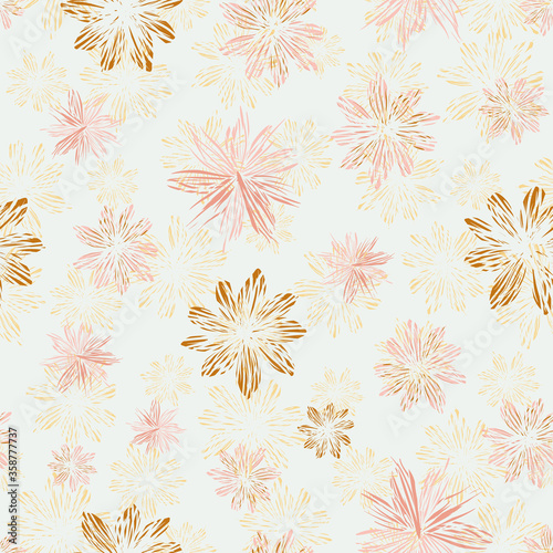 Loose light pink flowers seamless vector pattern. Delicate girly surface print design for fabric, wedding stationery, feminine backgrounds, wrapping paper, scrapbook, wellness and cosmetics packaging.