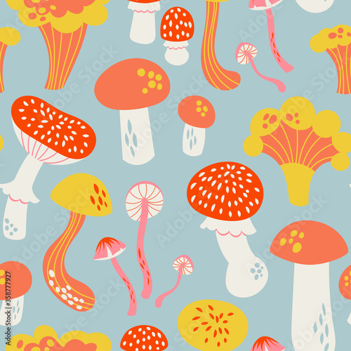 Vector seamless pattern with mushrooms in trendy colors