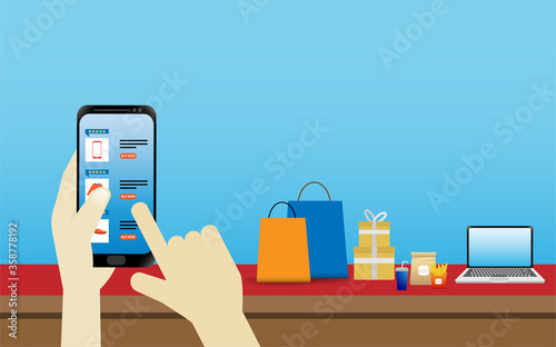 Shopping online illustration concept, using laptop or netbook for online shopping with tiny character, can be use for landing page, website, mobile web and application vector illustration.