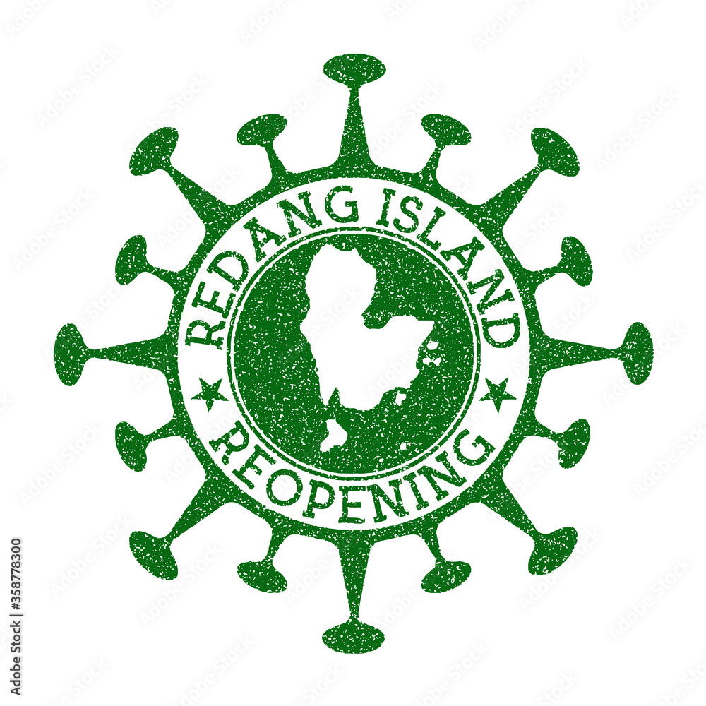 Redang Island Reopening Stamp. Green round badge of island with map of Redang Island. Island opening after lockdown. Vector illustration.