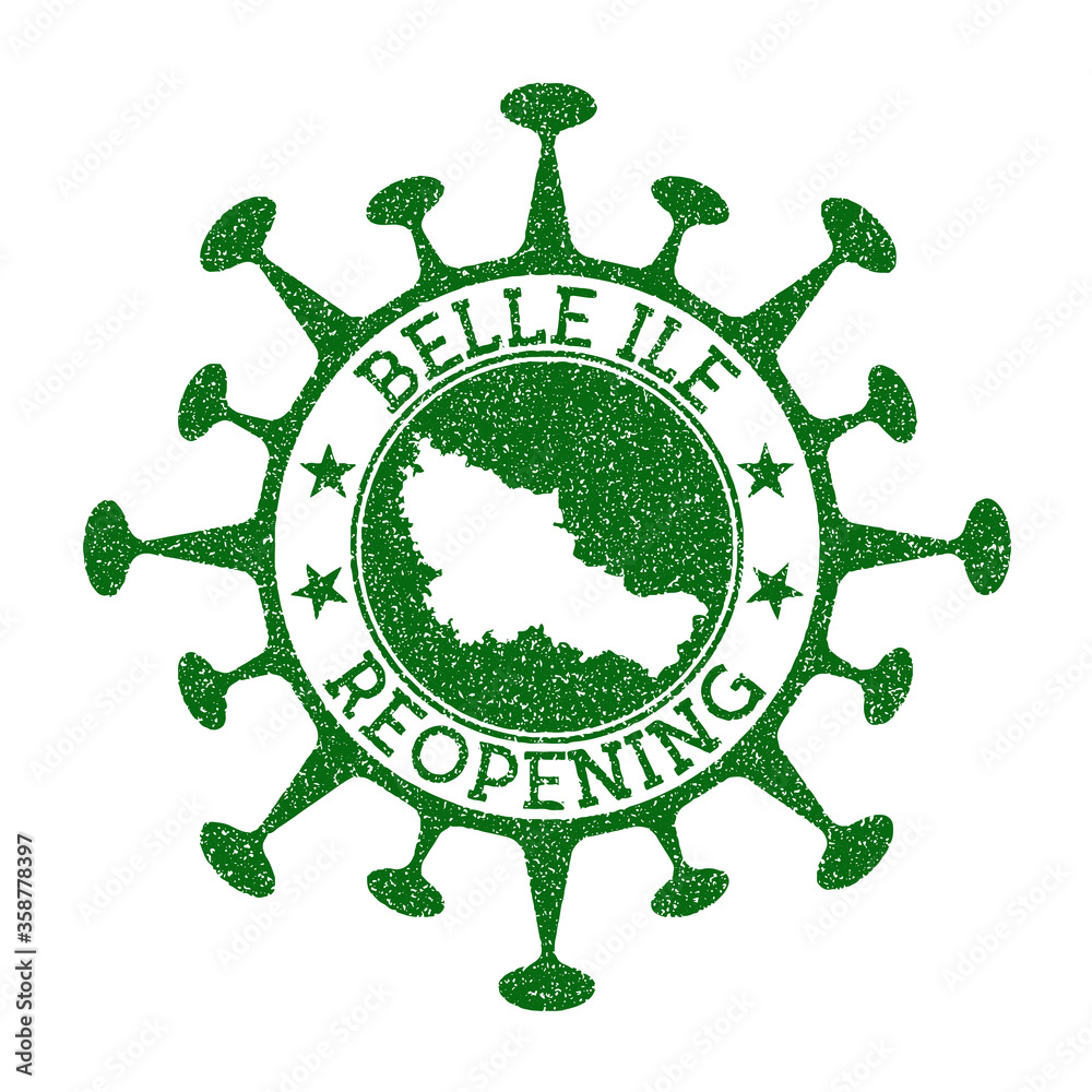 Belle Ile Reopening Stamp. Green round badge of island with map of Belle Ile. Island opening after lockdown. Vector illustration.