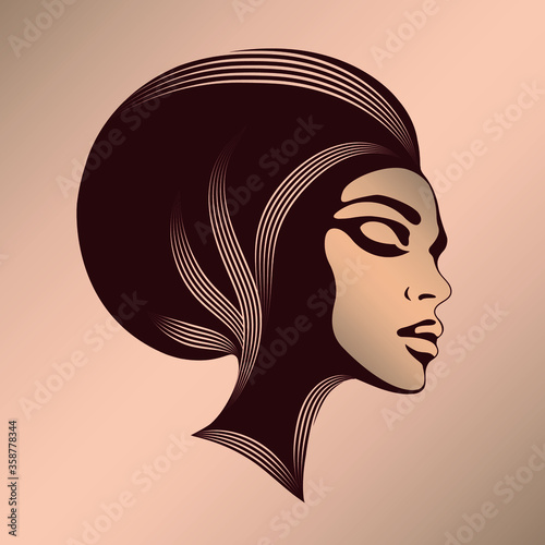 Beautiful Afro-American woman portrait.Elegant hairstyle and makeup.Profile view face.Hair salon and beauty studio logo.
