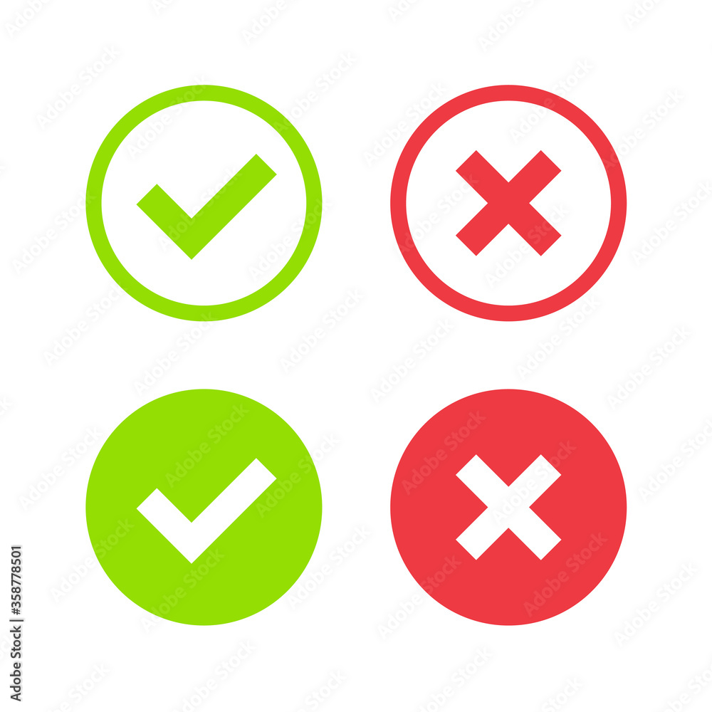 Check mark icon. Vector check mark. Wrong sign. Reject icon. Cancel icon. Sign of voting. Sign of choice. Checkbox. Checkmark OK. Symbols YES. Accept document. Check mark icon. Vector check mark. Wrong sign. Reject icon. Cancel icon. Sign of voting. Sign of choice. Checkbox. Checkmark OK. Symbols YES. Accept document.