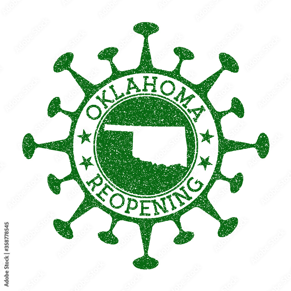 Oklahoma Reopening Stamp. Green round badge of us state with map of Oklahoma. Us state opening after lockdown. Vector illustration.