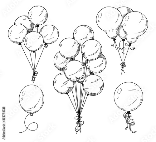 Set of different balloons. Inflatable balls on a string. Vector illustration