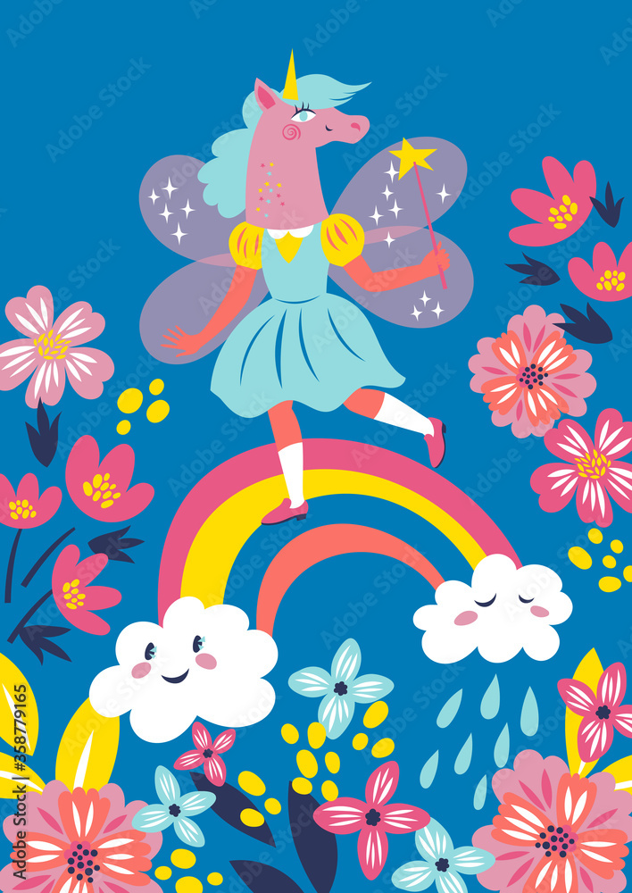 Naklejka premium Vector greeting card with the girl in a mask of a unicorn with fairy wings and a magic wand in her hand walking on a rainbow over a flower meadow. 