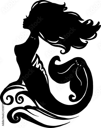 Silhouette mermaid sitting on the waves. Isolated figure of girl from fairytale