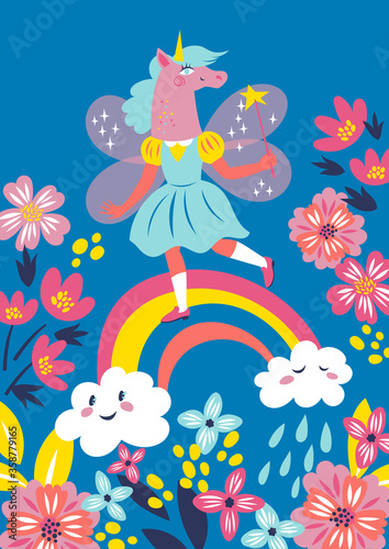 Vector greeting card with the girl in a mask of a unicorn with fairy wings and a magic wand in her hand walking on a rainbow over a flower meadow. 