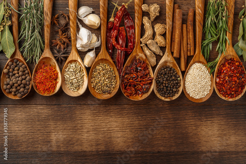 Fototapeta Naklejka Na Ścianę i Meble -  Vivid colorful spices in wooden spoons on wooden background