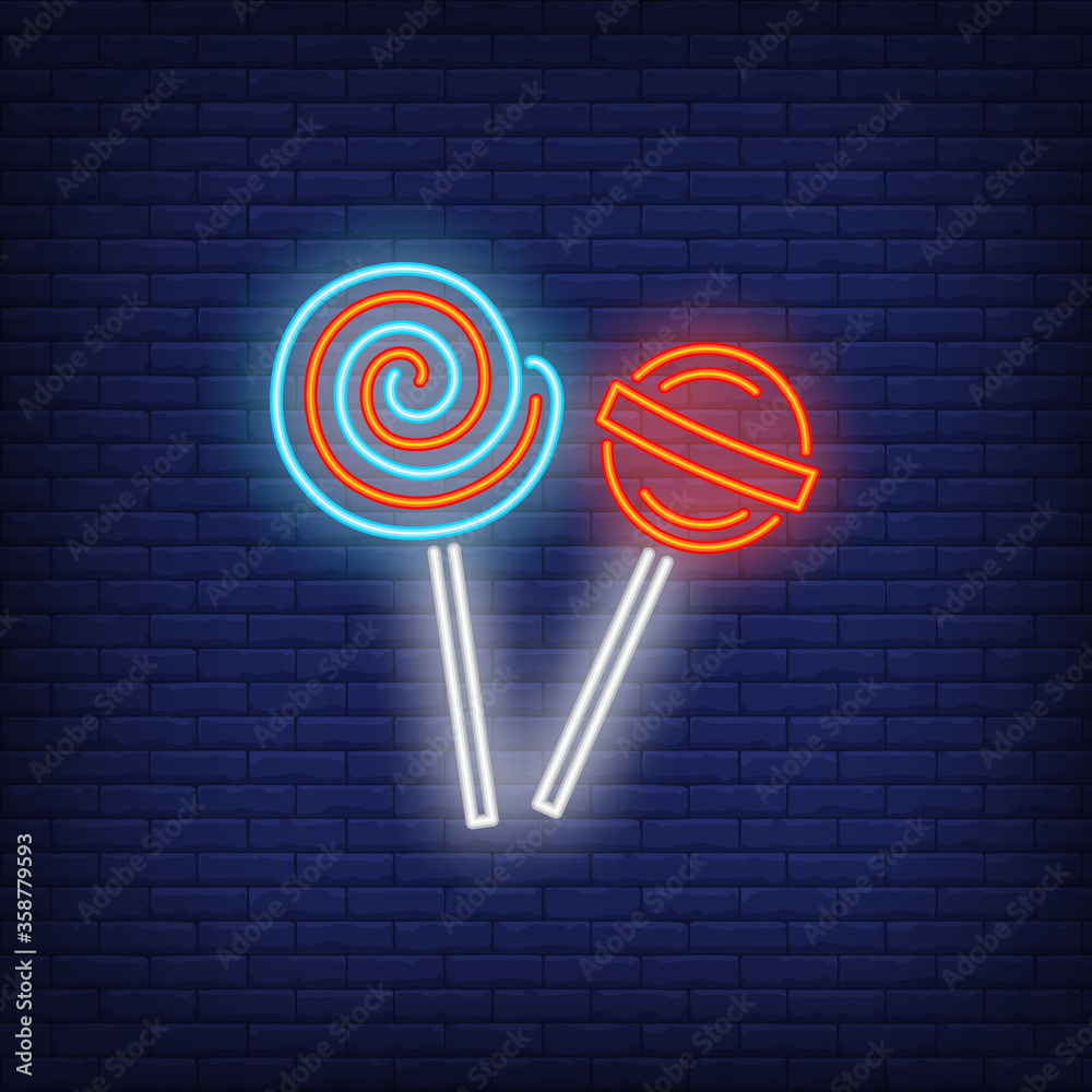Lollipops neon sign. Invitation, dessert or advertisement design. Night