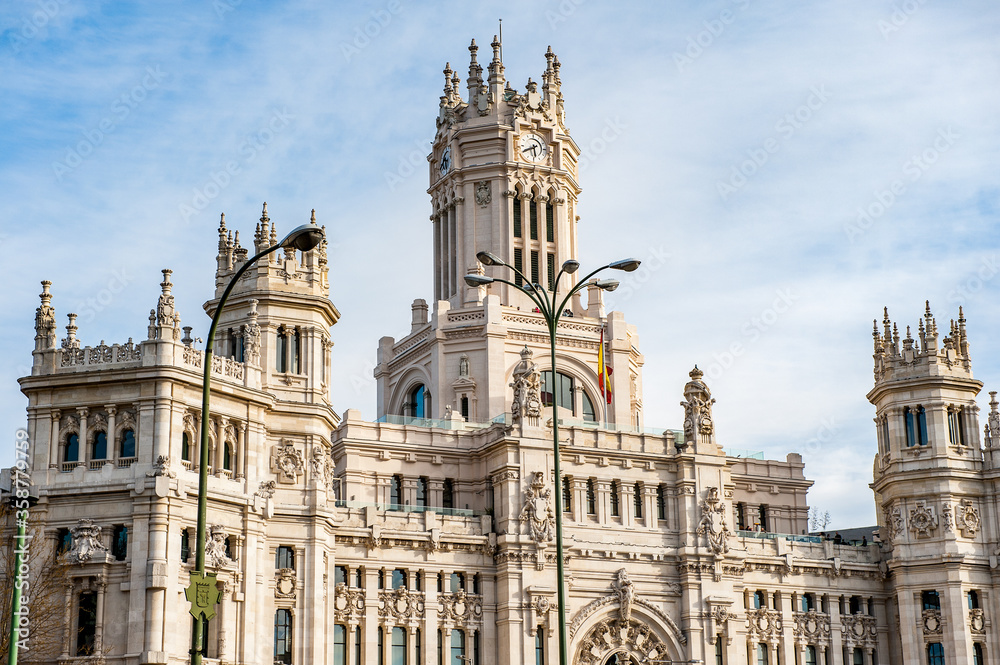 Fototapeta premium It's Cibeles Palace (Palacio de Cibeles), Madrid, Spain. It was home to the Postal and Telegraphic Museum until 2007. Spanish Property of Cultural Interest