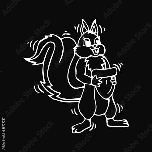 Cartoon funny squirrel holding pine cone. Vector illustration.